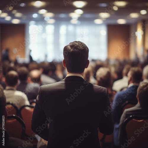 Dynamic Business Presentation: Blurred Speaker at Corporate Meeting - Rear View