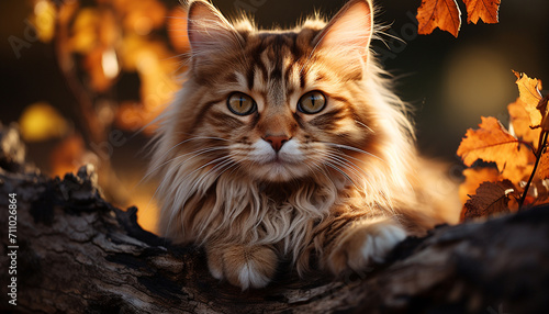 Cute kitten sitting in autumn forest, looking playful generated by AI