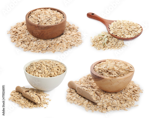 Rolled oats in bowls, scoops and spoon isolated on white, collection