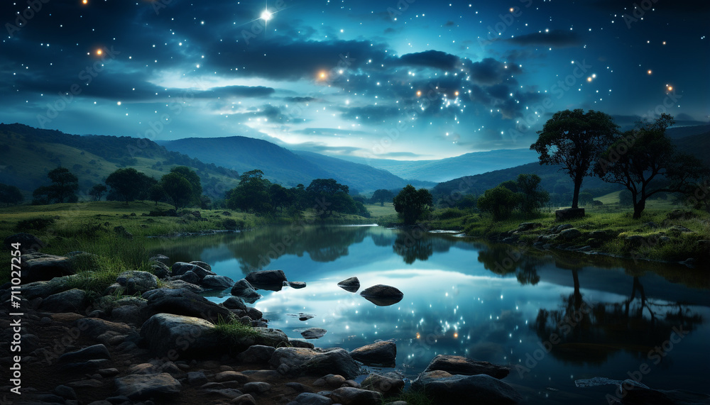 Tranquil scene, mountain peak reflects moonlight on pond generated by AI