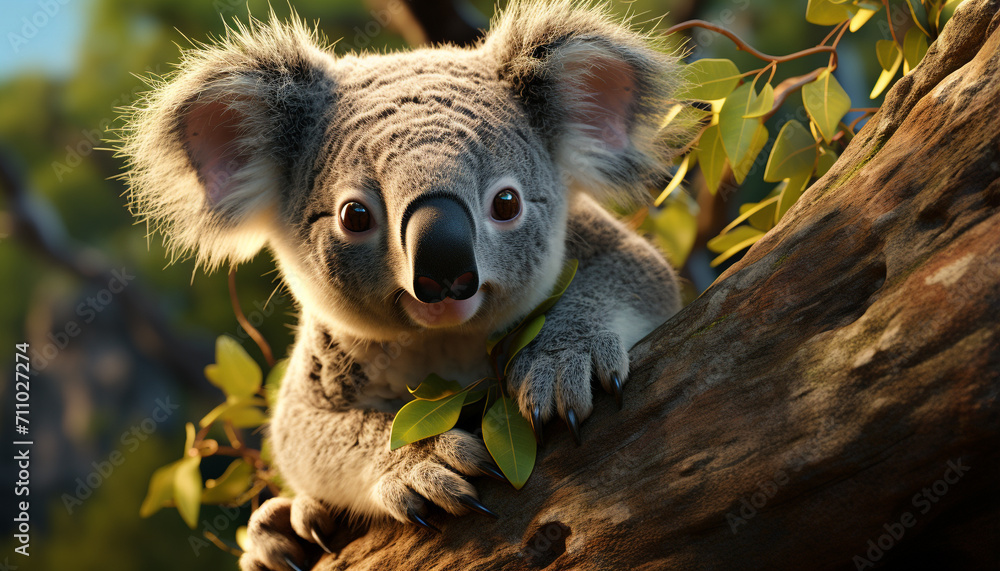Obraz premium Cute koala sitting on eucalyptus tree branch generated by AI