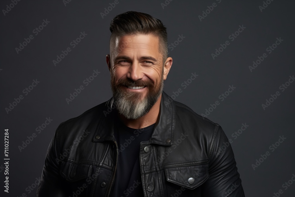 Portrait of a handsome mature man in a leather jacket. Men's beauty, fashion.