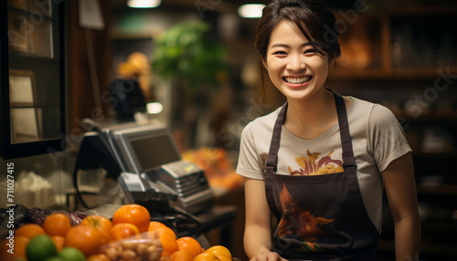 Smiling woman, owner of small supermarket, confident entrepreneur generated by AI