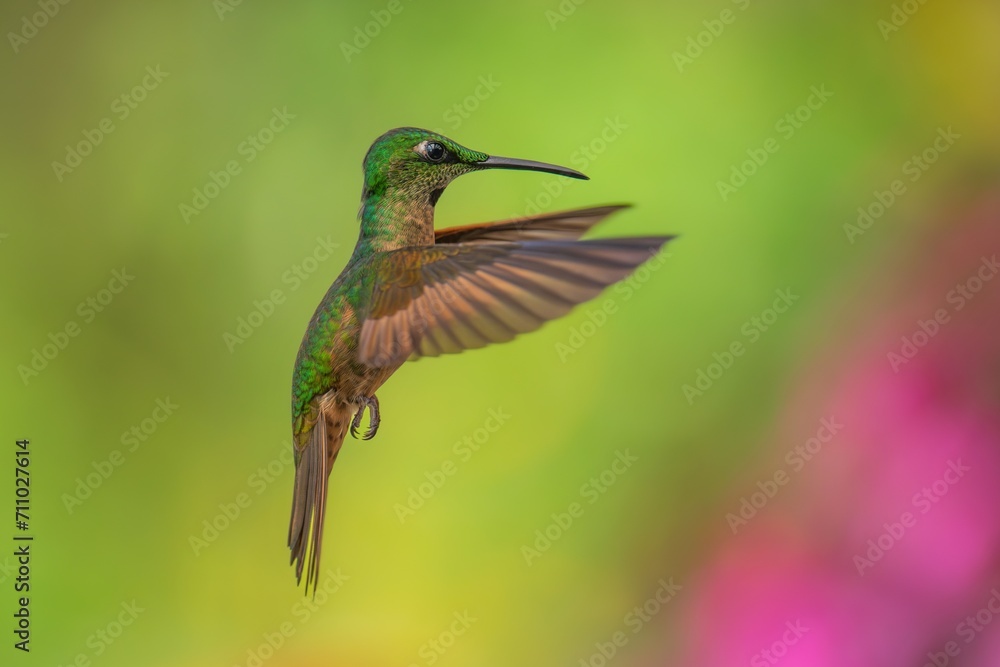 Naklejka premium Fawn-breasted Brilliant Hummingbird in flight, 4K resolution, best Ecuador humminbirds