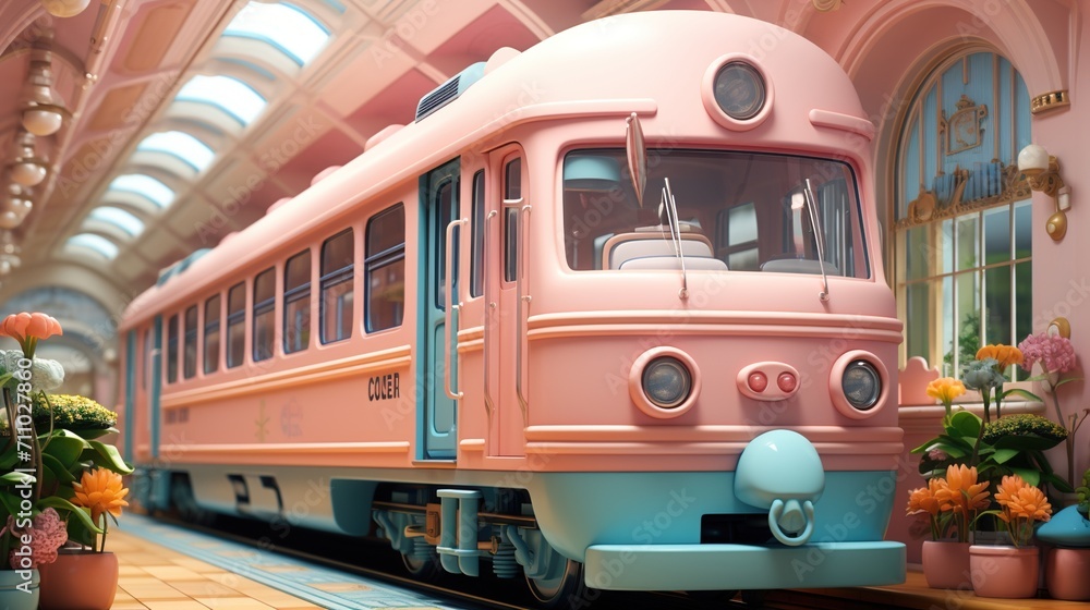Pink and blue train in a pink station