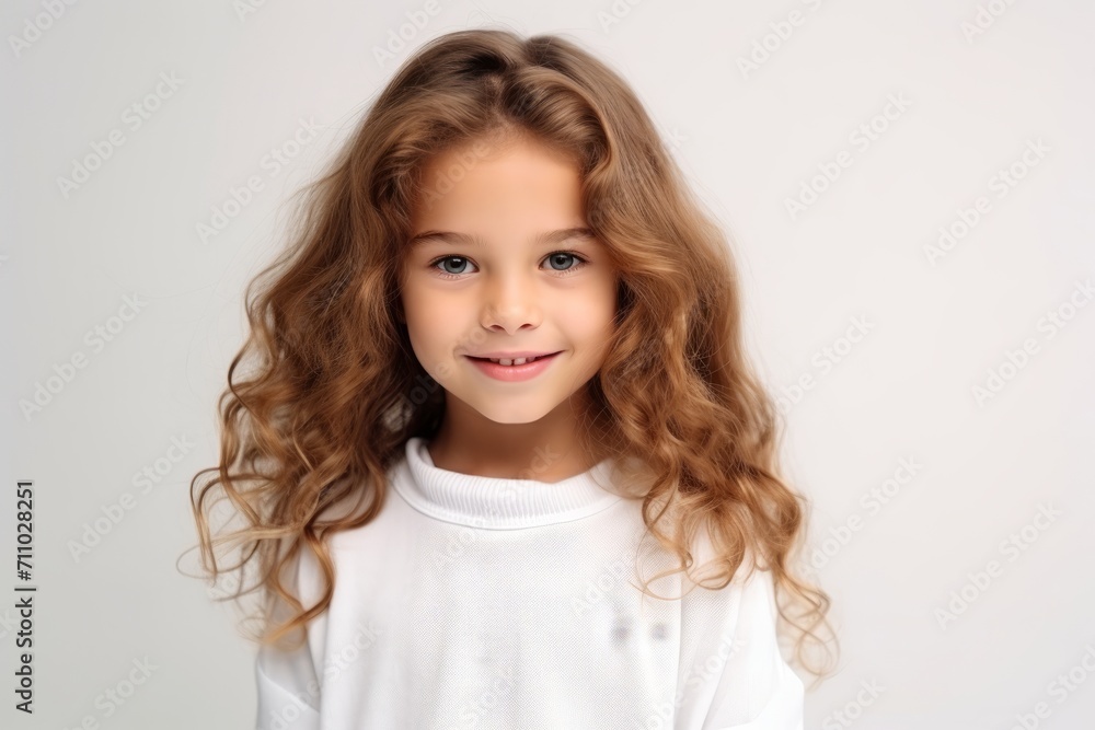 Portrait of a cute little girl with long curly hair over grey background Portrait of a cute little girl with long curly hair over grey background