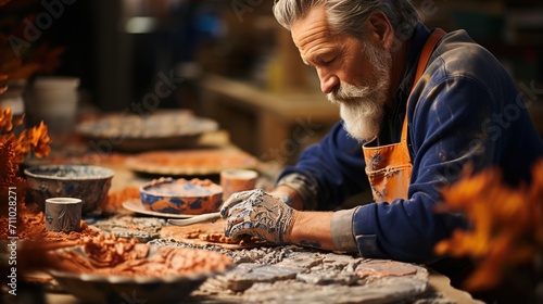 Focused male artist sculpts a clay tile