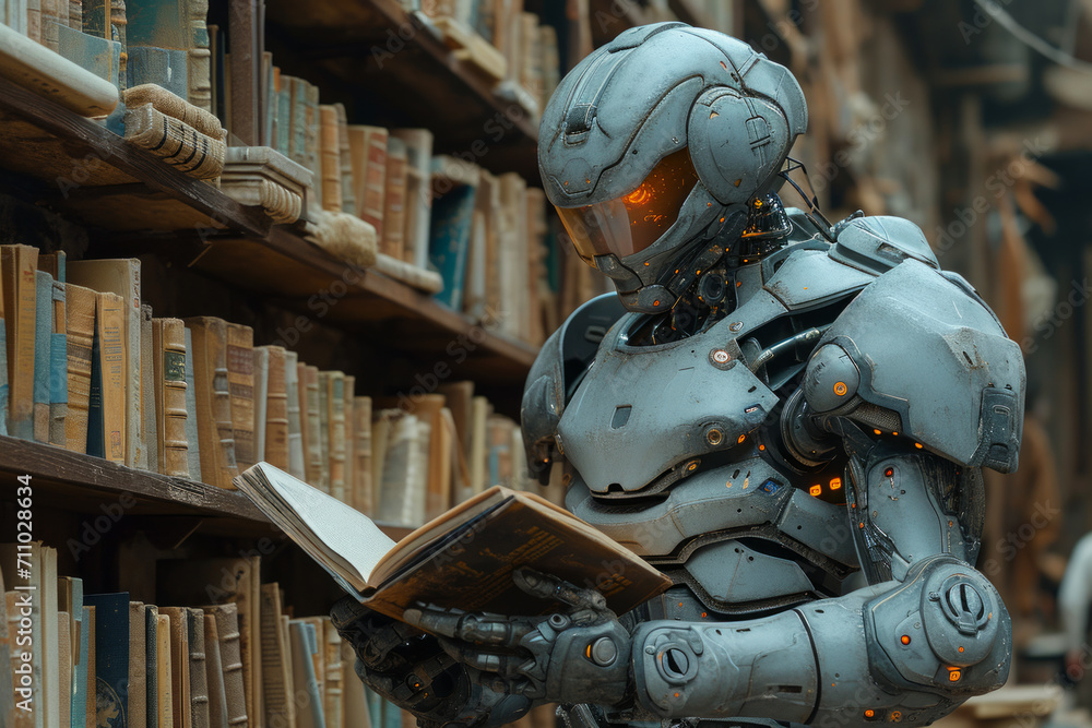Robot Reading Book in Library. Technology Meets Learning in a Futuristic Setting. Robot Reading Book in Library. Technology Meets Learning in a Futuristic Setting.