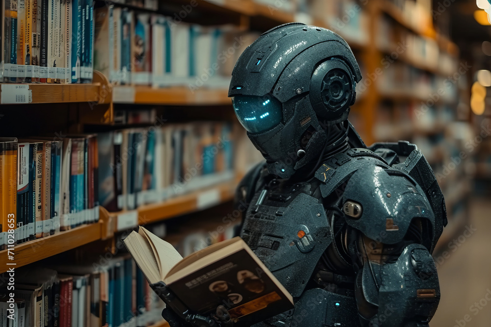 Robot Reading Book in Library. Robotic Technology Meets Traditional Learning Environment Robot Reading Book in Library. Robotic Technology Meets Traditional Learning Environment