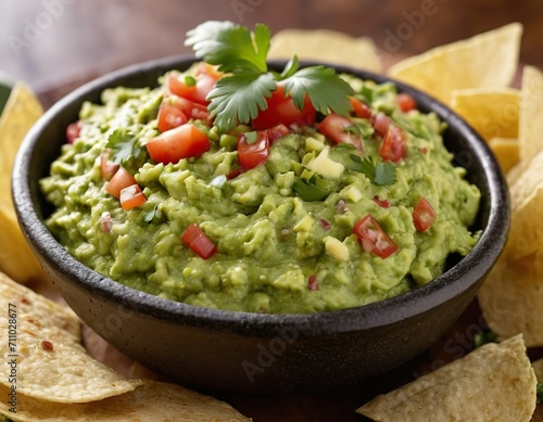 Freshly prepared guacamole with a sprinkle of cilantro, ready to be enjoyed with crunchy tortilla chips
