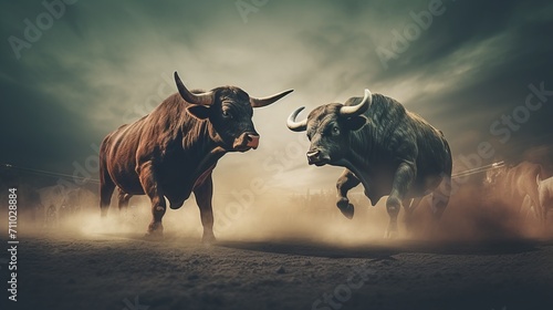 Intense bullfight, majestic bull engages in thrilling clash against a striking and colorful backdrop, banner