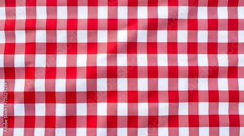 Red and white checkered tablecloth. Top view table cloth texture background. Red gingham pattern fabric. Picnic blanket texture. Red table cloth for Italian food menu. Square pattern. 