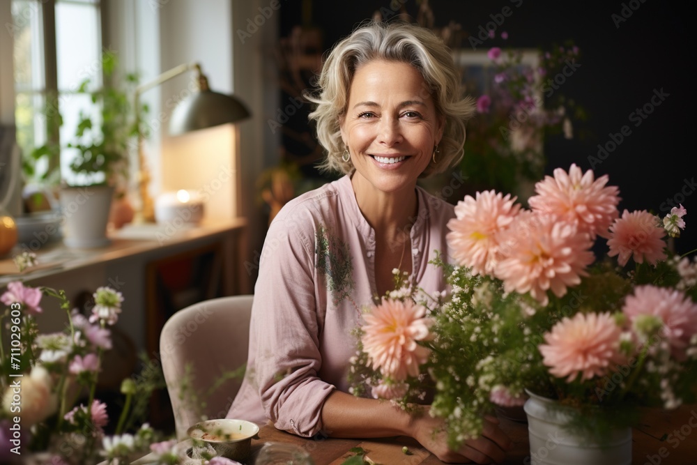 Portrait of a smiling middle-aged woman with short gray hair sitting at a table with a vase of flowers Portrait of a smiling middle-aged woman with short gray hair sitting at a table with a vase of flowers