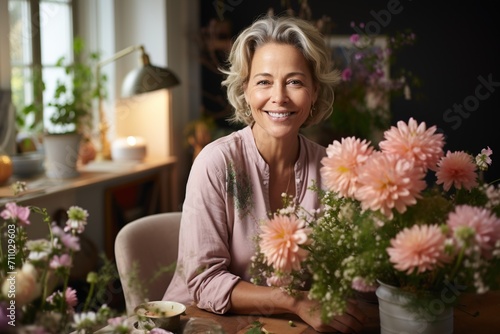 Portrait of a smiling middle-aged woman with short gray hair sitting at a table with a vase of flowers © duyina1990