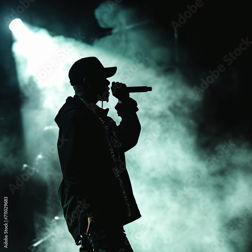 Silhouette of a rapper performing into a microphone, on a stage, smokey background