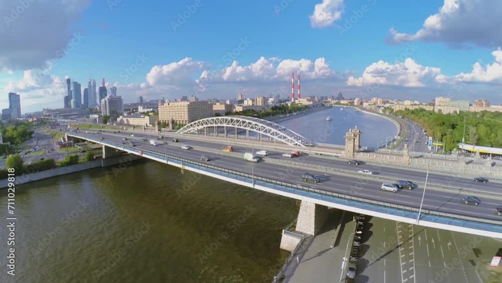 Townscape with traffic on Berezhkovskii bridge Townscape with traffic on Berezhkovskii bridge