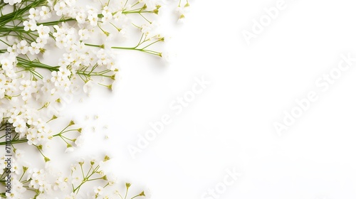 Small white gypsophila flowers on white background. Women s Day  Mother s Day  Valentine s Day  Wedding concept. Flat lay. Top view. Copy space