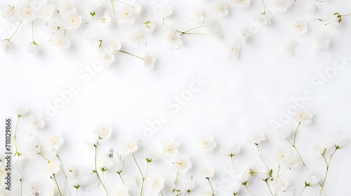 Small white gypsophila flowers on white background. Women's Day, Mother's Day, Valentine's Day, Wedding concept. Flat lay. Top view. Copy space