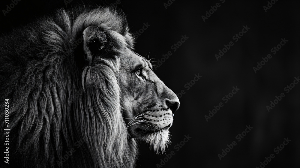 A high quality, high contrast, half profile black and white photograph of a lion on a solid black background