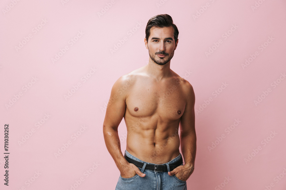 Man holiday lifestyle naked belt sexy jeans muscular body muscle fitness pink sport torso background
