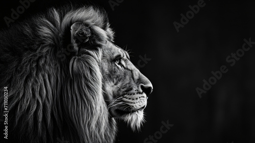 A high quality, high contrast, half profile black and white photograph of a lion on a solid black background © Scott