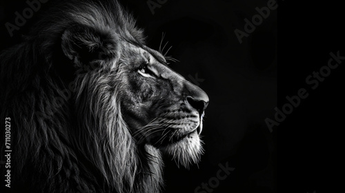 A high quality, high contrast, half profile black and white photograph of a lion on a solid black background © Scott