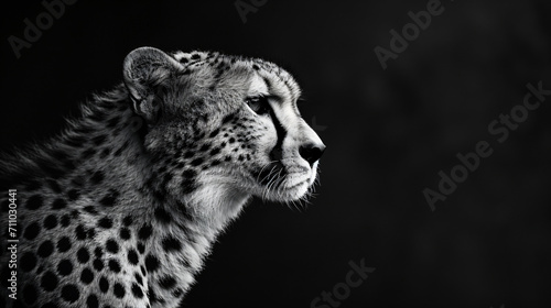 A high quality, high contrast, half profile black and white photograph of a cheetah on a solid black background