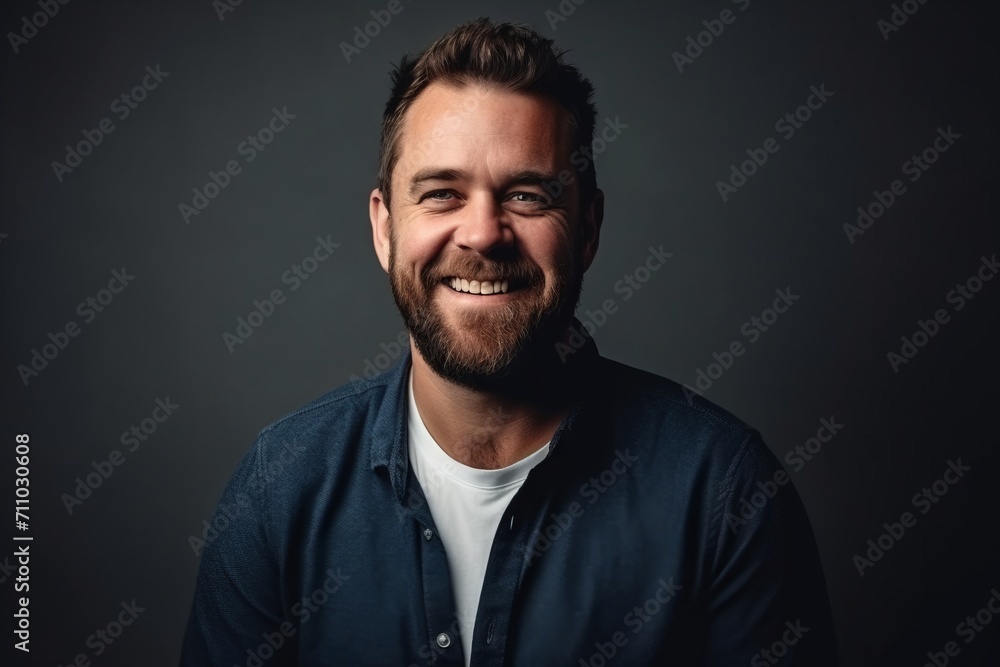 Portrait of a handsome bearded man smiling at camera over dark background