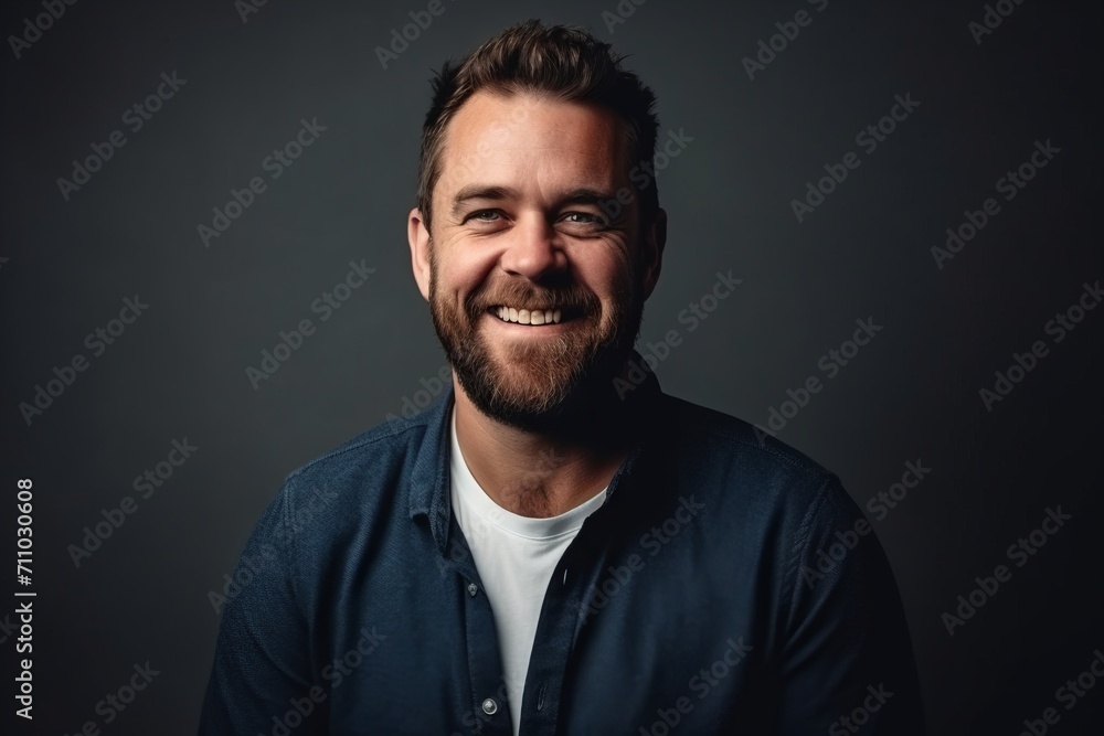 Portrait of a handsome bearded man smiling at camera over dark background Portrait of a handsome bearded man smiling at camera over dark background