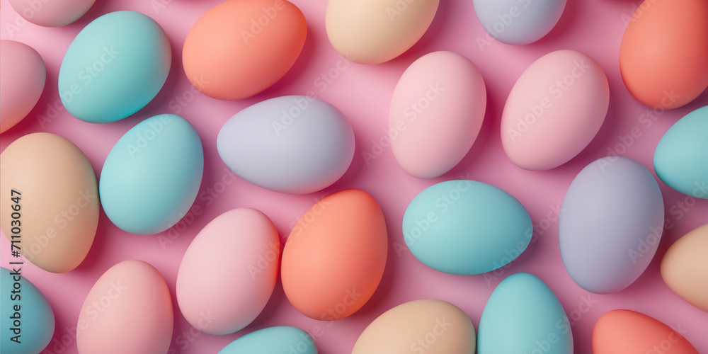 Happy Easter. Soft-hued Easter eggs scattered on pink background, light pastel tones. Happy Easter. Soft-hued Easter eggs scattered on pink background, light pastel tones.