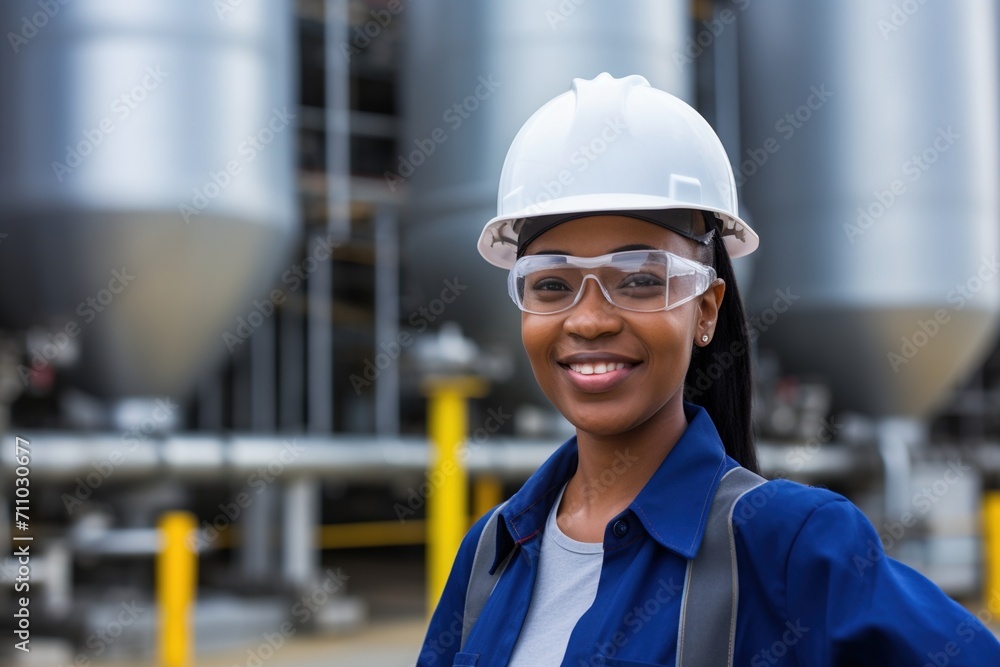 Smiling female chemical engineer wearing hardhat and safety glasses in industrial facility Smiling female chemical engineer wearing hardhat and safety glasses in industrial facility