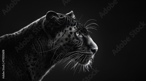 A high quality, high contrast, half profile black and white photograph of a black panther on a solid black background