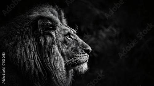 A high quality  high contrast  half profile black and white photograph of a lion on a black background