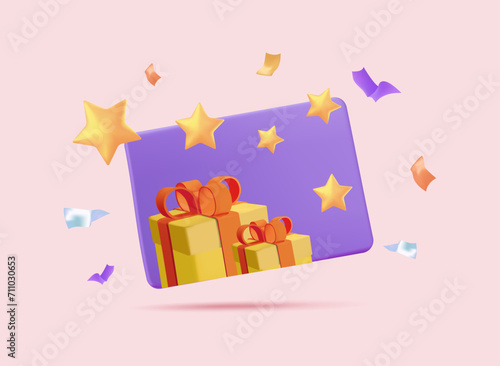 3d vector discount coupon, voucher vector event ticket icon badge, gift box with confetti special voucher concept. Holiday sale, lucky win surprise, benefit reward program offer, online shopping bonus