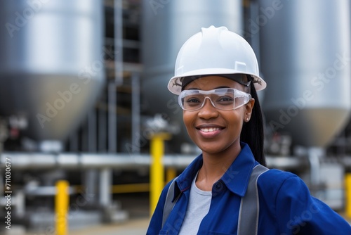 Smiling female chemical engineer wearing hardhat and safety glasses in industrial facility