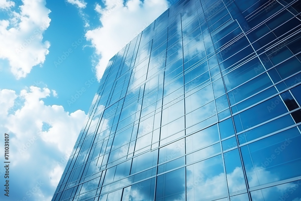 Blue glass skyscraper reflecting the sky