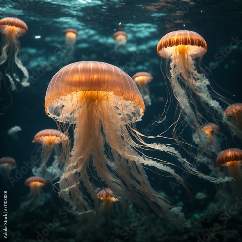 an intricate representation of a luminescent jellyfish with delicate tentacles, showcasing the beauty of marine life in a mesmerizing underwater setting