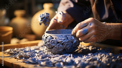 Jindezhen Ceramic Master Carefully Crafting a Blue Flowered Porcelain photo