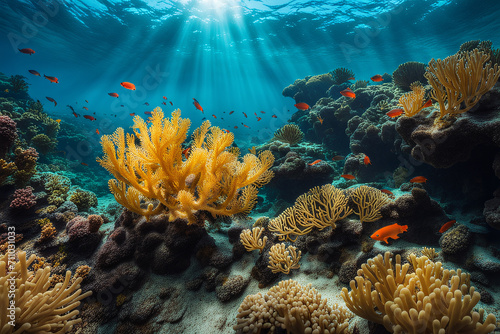 Tropical fish on a coral reef in the Sea.