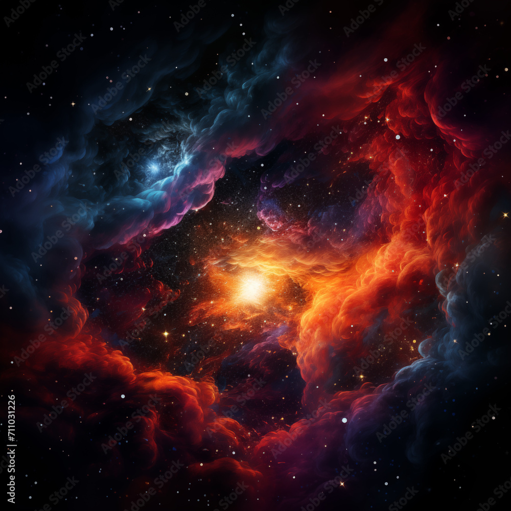 Incredible galaxy and cosmic universe, drawing of space in orange shades and dark background, mesmerizing cosmos 