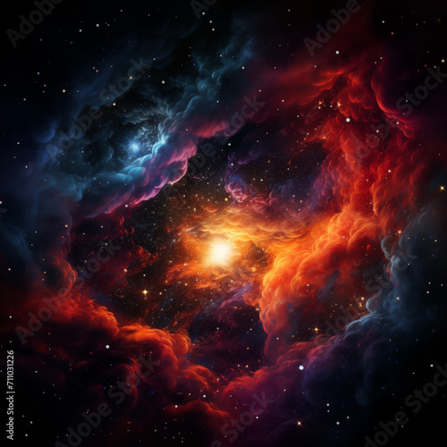 Incredible galaxy and cosmic universe, drawing of space in orange shades and dark background, mesmerizing cosmos 