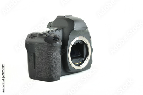 Big Black DSLR Digital Camera full frame sensor on white background.