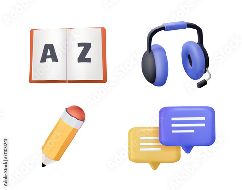 Language skill icon set speaking listening reading writing education test logo vector illustration symbol. 3D icons set. Education illustrations compilation for website design