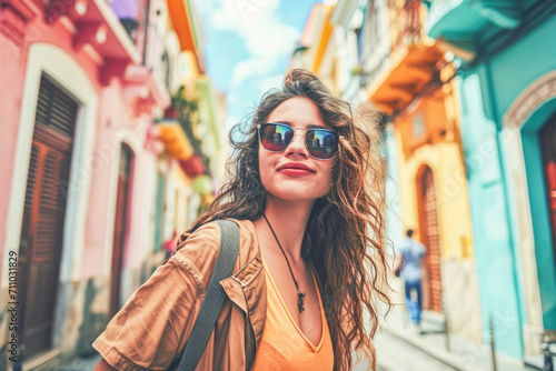 Young girl in typical urban locations, vibrant colors, travel concept, generative ai