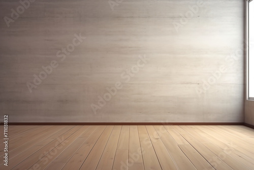 Bright empty room with wooden floor and white concrete wall