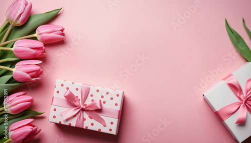Soft pink tulips and gift boxes on a pastel background, an ideal choice for Valentine's Day or Mother's Day