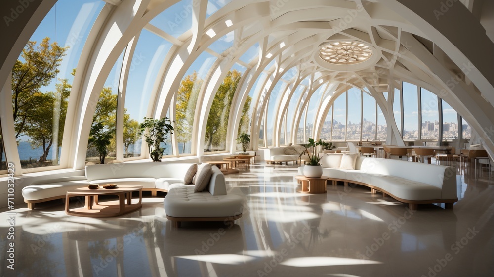 Obraz premium Modern interior space with large windows and curved white sofas