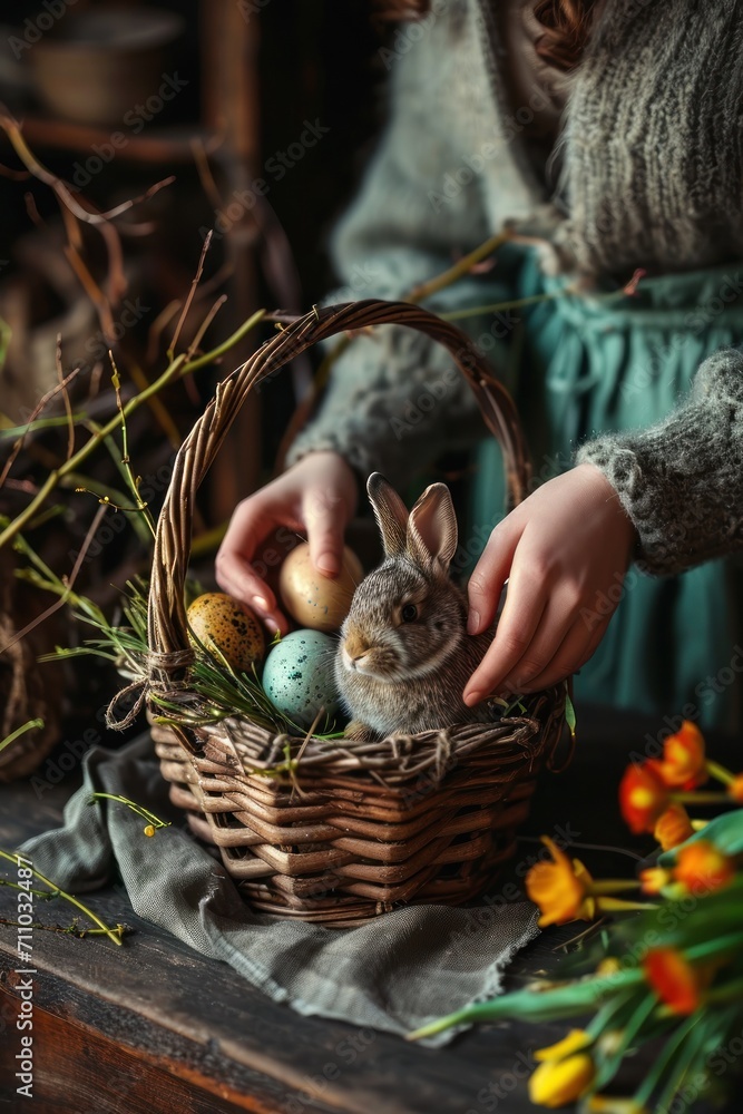 Young woman hold rabbit and painted Easter eggs