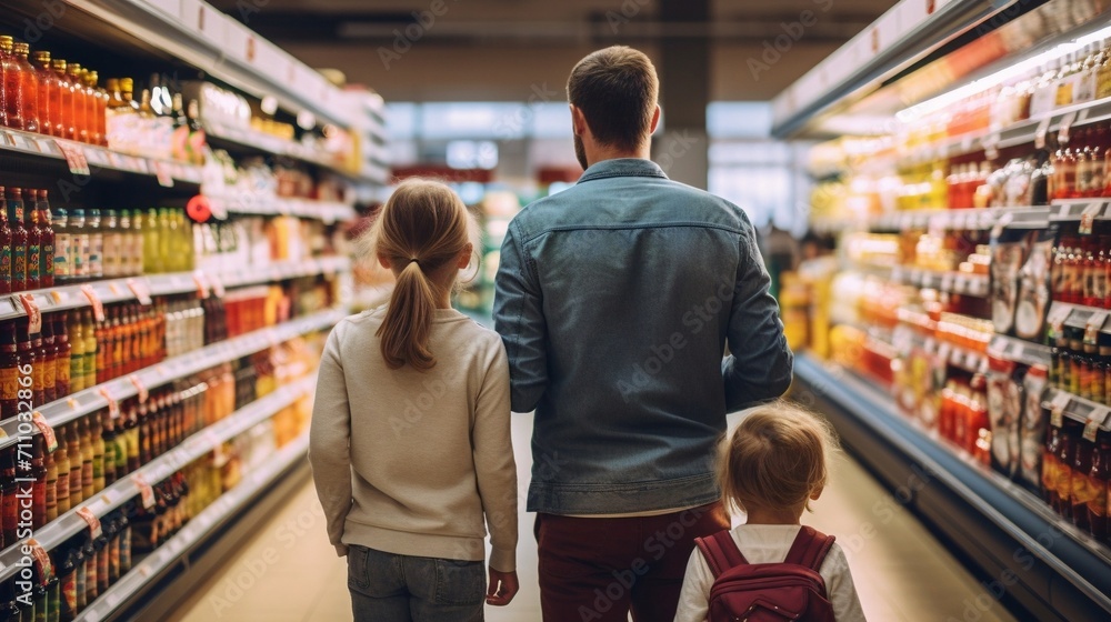 Family shopping in a grocery store, buying groceries in a supermarket.