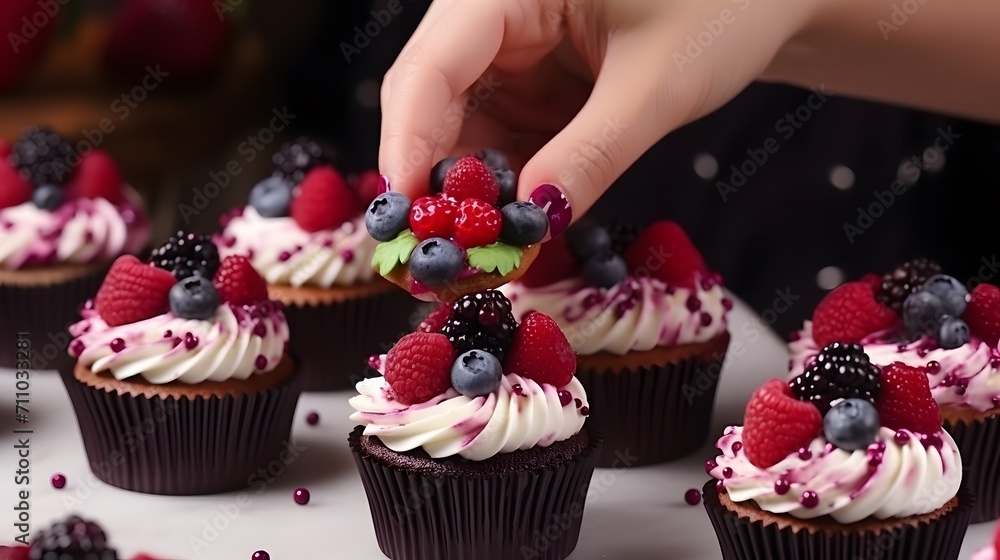 Women's hands of a confectioner, decorating cupcakes with raspberries. Pastry chef decorates the muffins with fresh berries. Close-up, space for text